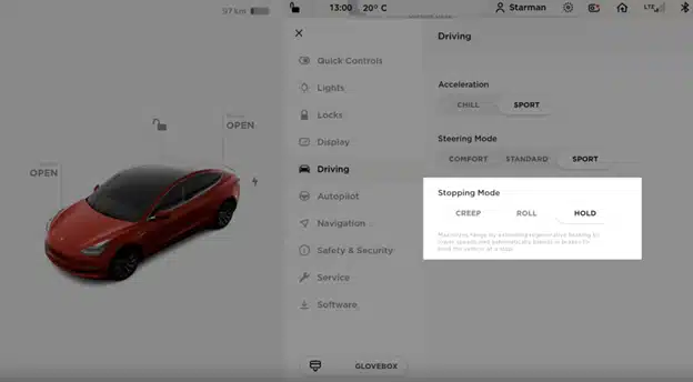 Screenshot of settings for Tesla regenerative braking system